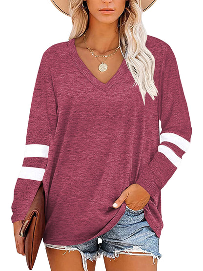 TEMOFON Womens Tops Dressy Casual Long Sleeve Shirts for Women Color Block V Neck Shirts Tunic Tops Loose Blouses T shirts Sweatshirts Pullover