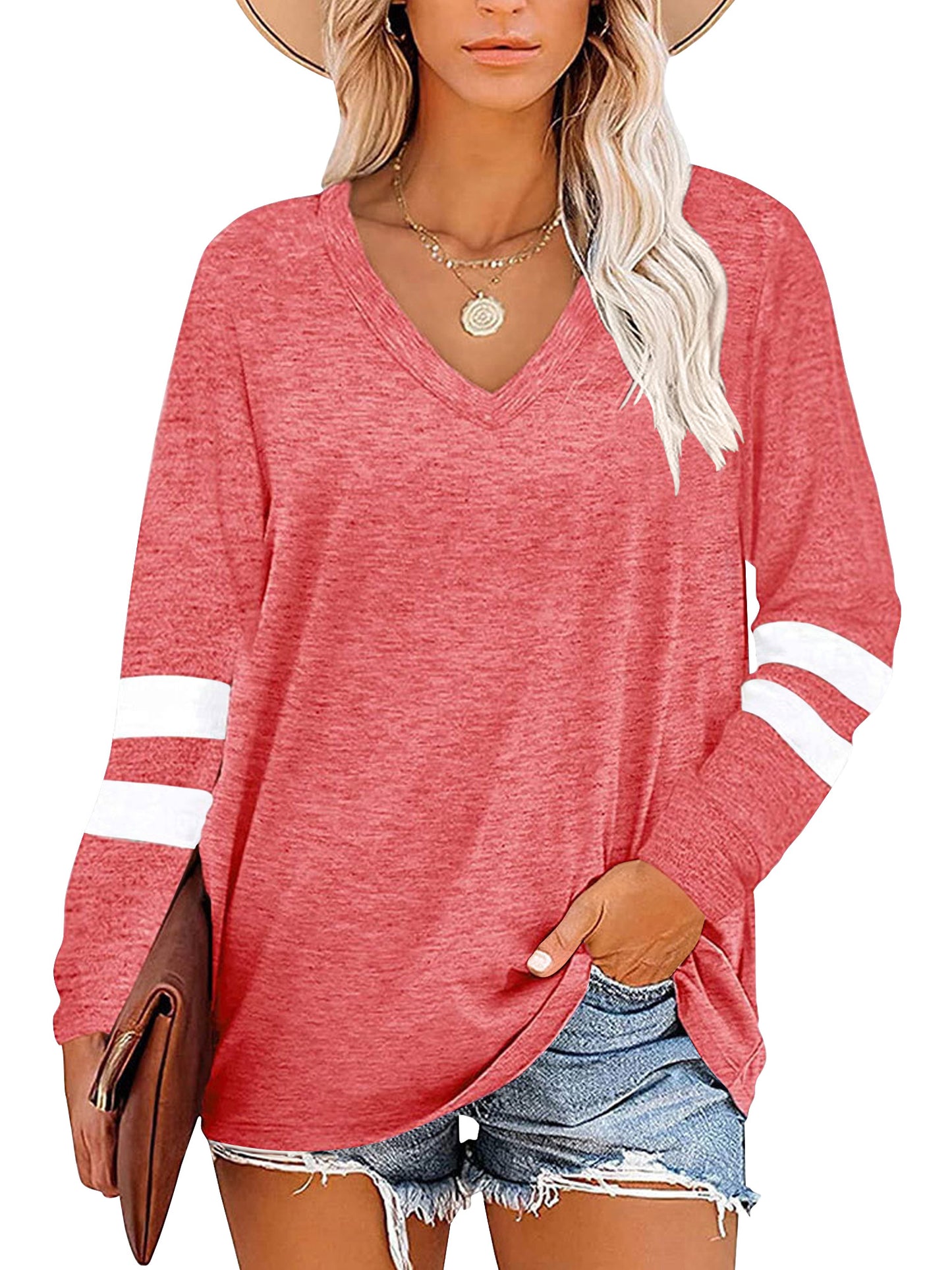 TEMOFON Womens Tops Dressy Casual Long Sleeve Shirts for Women Color Block V Neck Shirts Tunic Tops Loose Blouses T shirts Sweatshirts Pullover