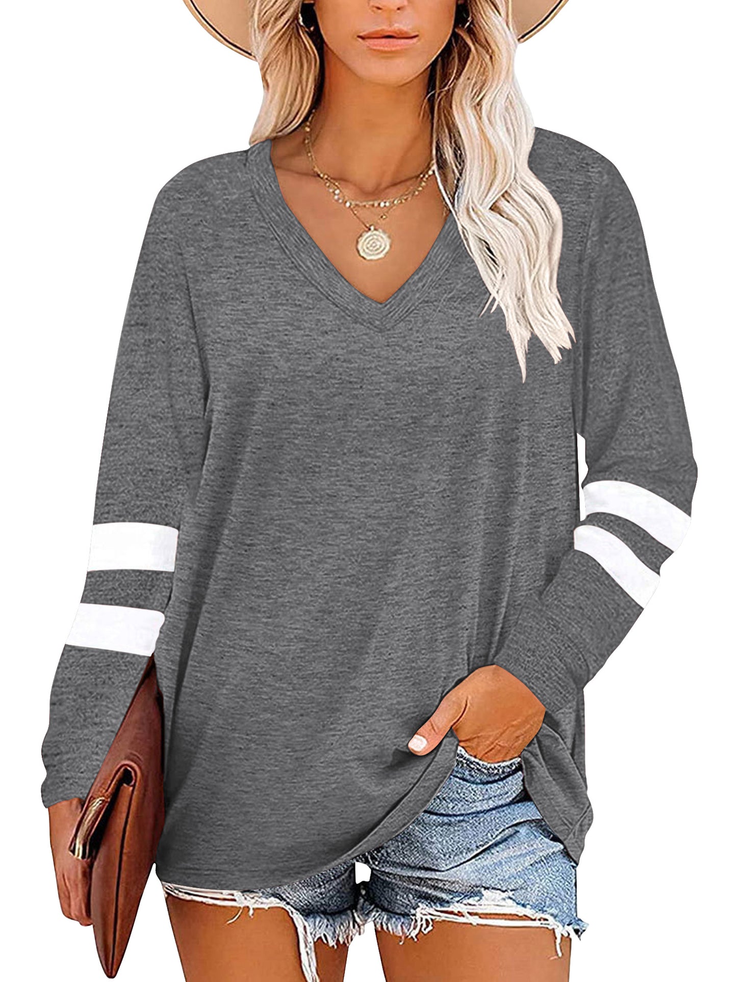 TEMOFON Womens Tops Dressy Casual Long Sleeve Shirts for Women Color Block V Neck Shirts Tunic Tops Loose Blouses T shirts Sweatshirts Pullover