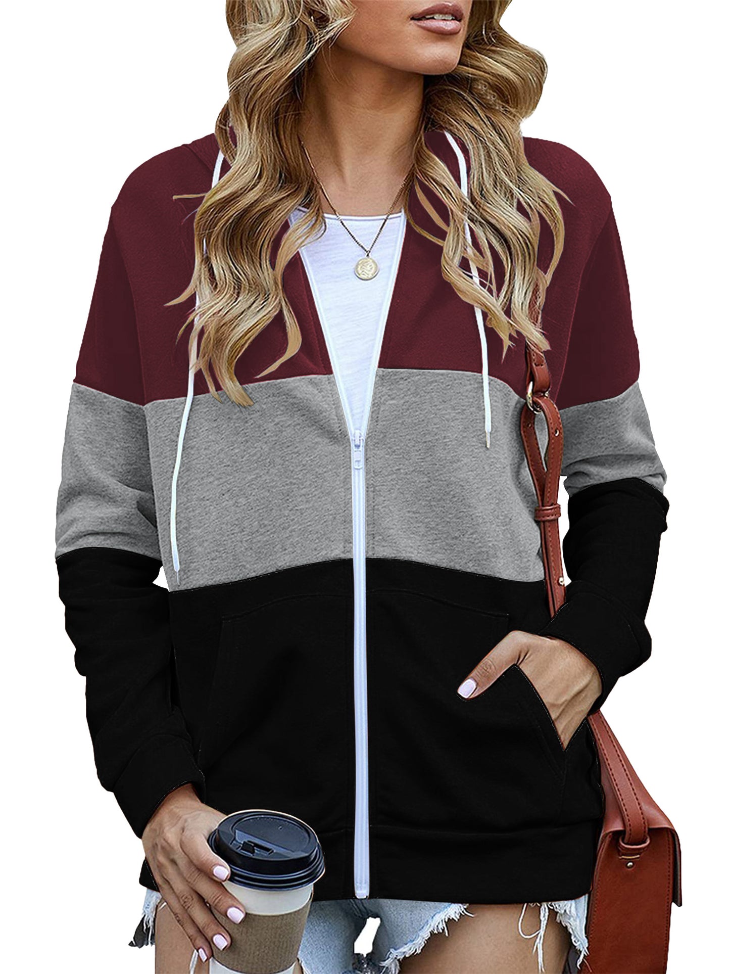 SWQZVT Women's Full Zip Up Hoodie Long Sleeve Lightweight Hooded Sweatshirts Fall Tops Color Block Fashion Pockets Jacket Coat