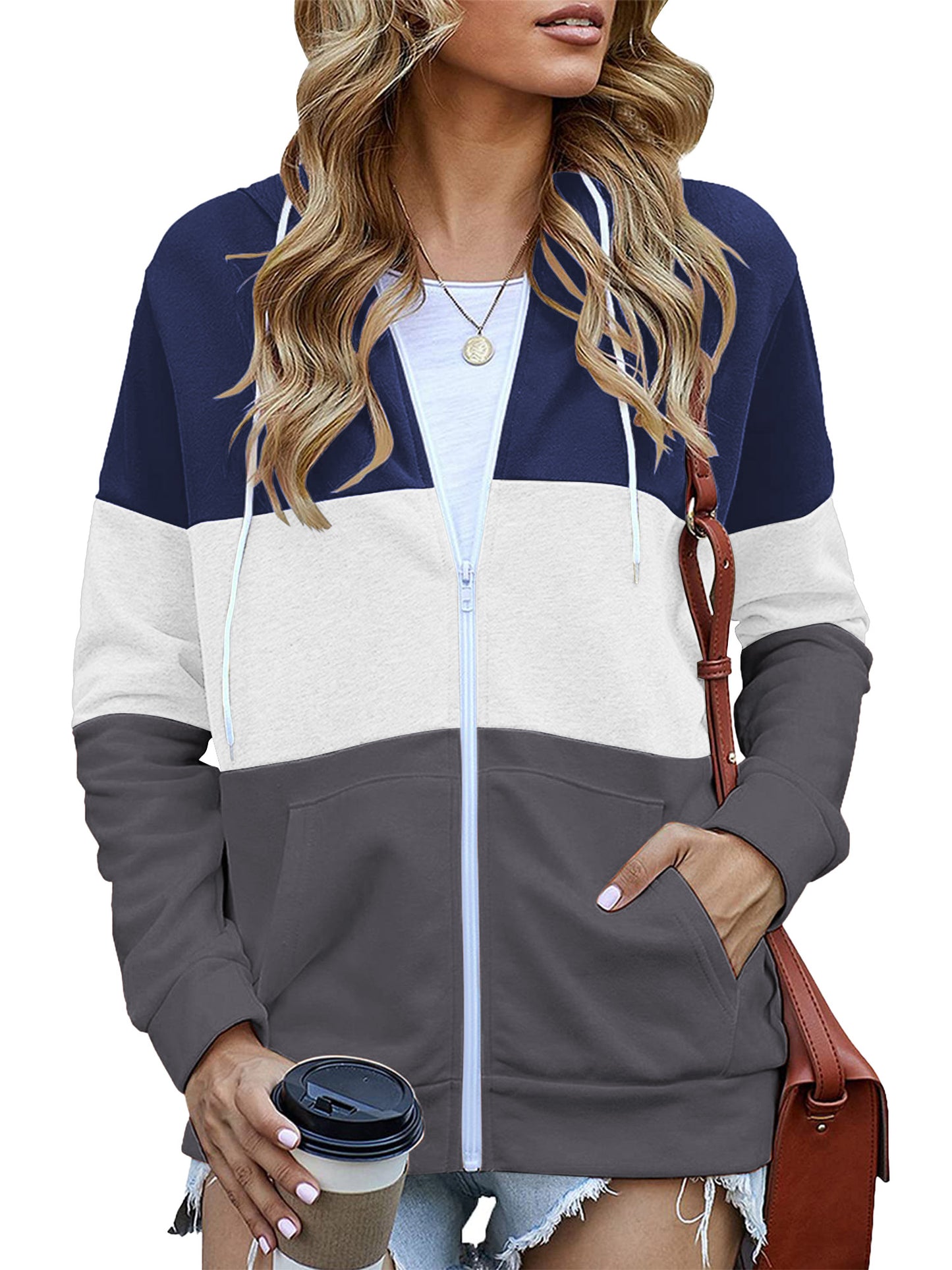 SWQZVT Women's Full Zip Up Hoodie Long Sleeve Lightweight Hooded Sweatshirts Fall Tops Color Block Fashion Pockets Jacket Coat