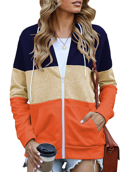 SWQZVT Women's Full Zip Up Hoodie Long Sleeve Lightweight Hooded Sweatshirts Fall Tops Color Block Fashion Pockets Jacket Coat