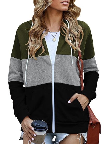 SWQZVT Women's Full Zip Up Hoodie Long Sleeve Lightweight Hooded Sweatshirts Fall Tops Color Block Fashion Pockets Jacket Coat