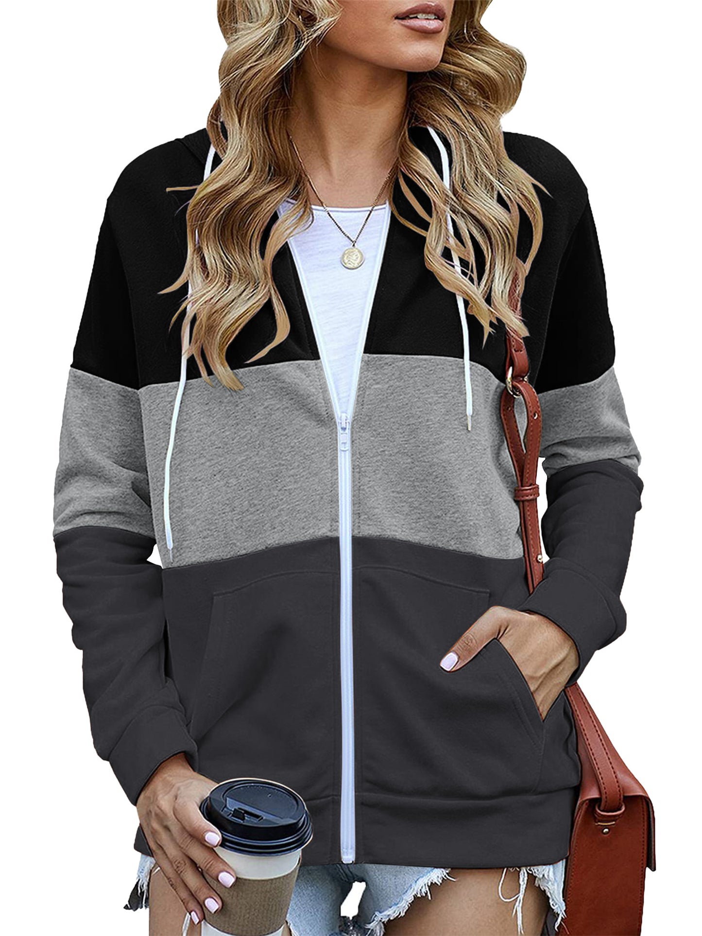 SWQZVT Women's Full Zip Up Hoodie Long Sleeve Lightweight Hooded Sweatshirts Fall Tops Color Block Fashion Pockets Jacket Coat