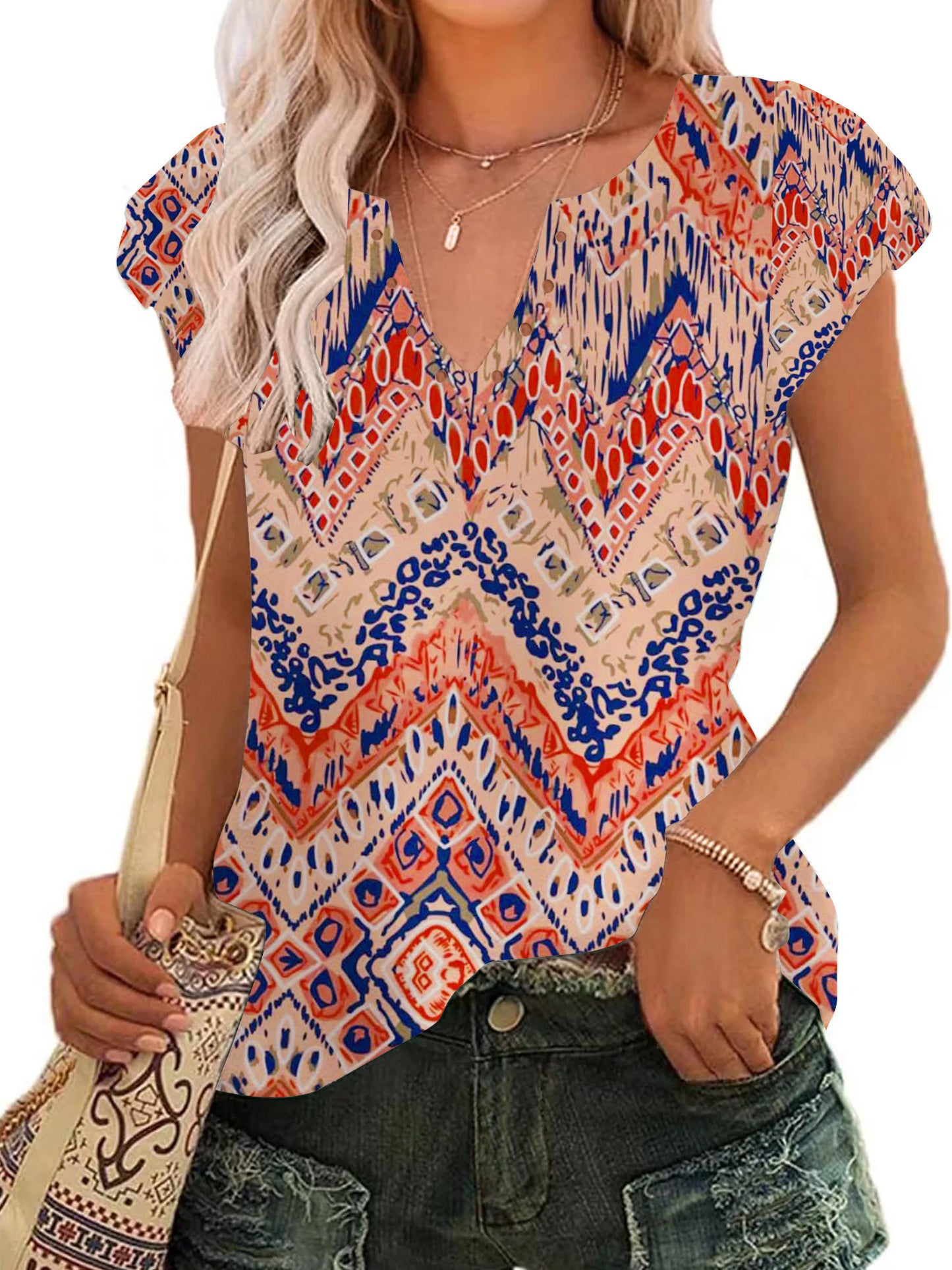 TEMOFON Women Tops Summer T-Shirts Short Sleeve Casual V Neck Tops Dressy Ruffle Sleeve Tunic Tops Cute Loose Ladies Blouses