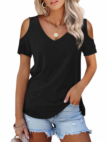 TEMOFON Women's Shirts Cold Shoulder Tops Summer Short Sleeve V Neck T Shirt Basic Black Tee Blouse