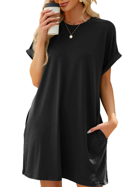 TEMOFON Womens T Shirt Dresses Summer Short Sleeve Loose Tunic with Pocket Casual Swing Dress Fashion Sundress Solid color Black Size XL