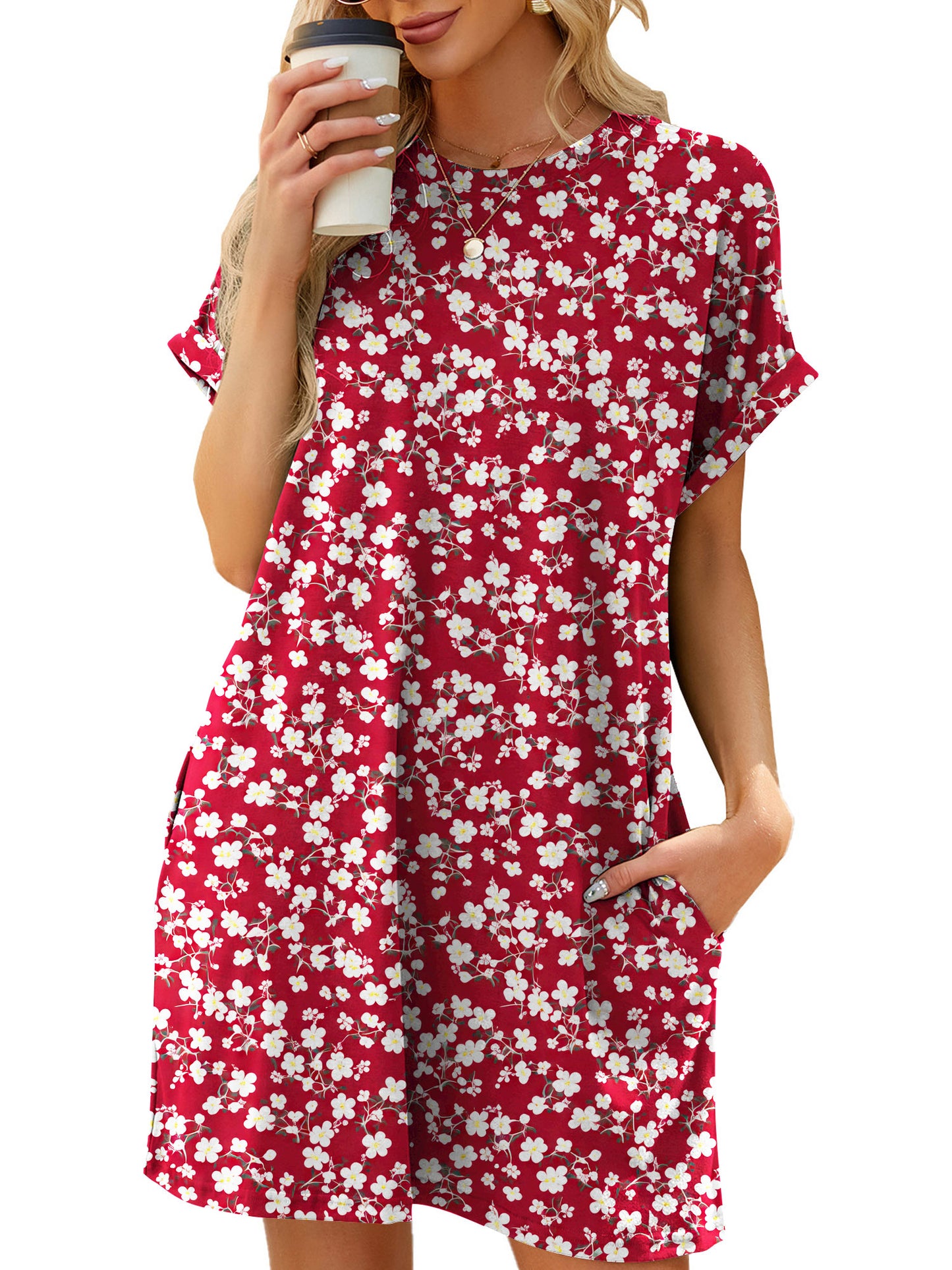 TEMOFON Womens T Shirt Dresses Summer Short Sleeve Loose Tunic with Pocket Casual Swing Dress Fashion Sundress Solid color Black Size XL