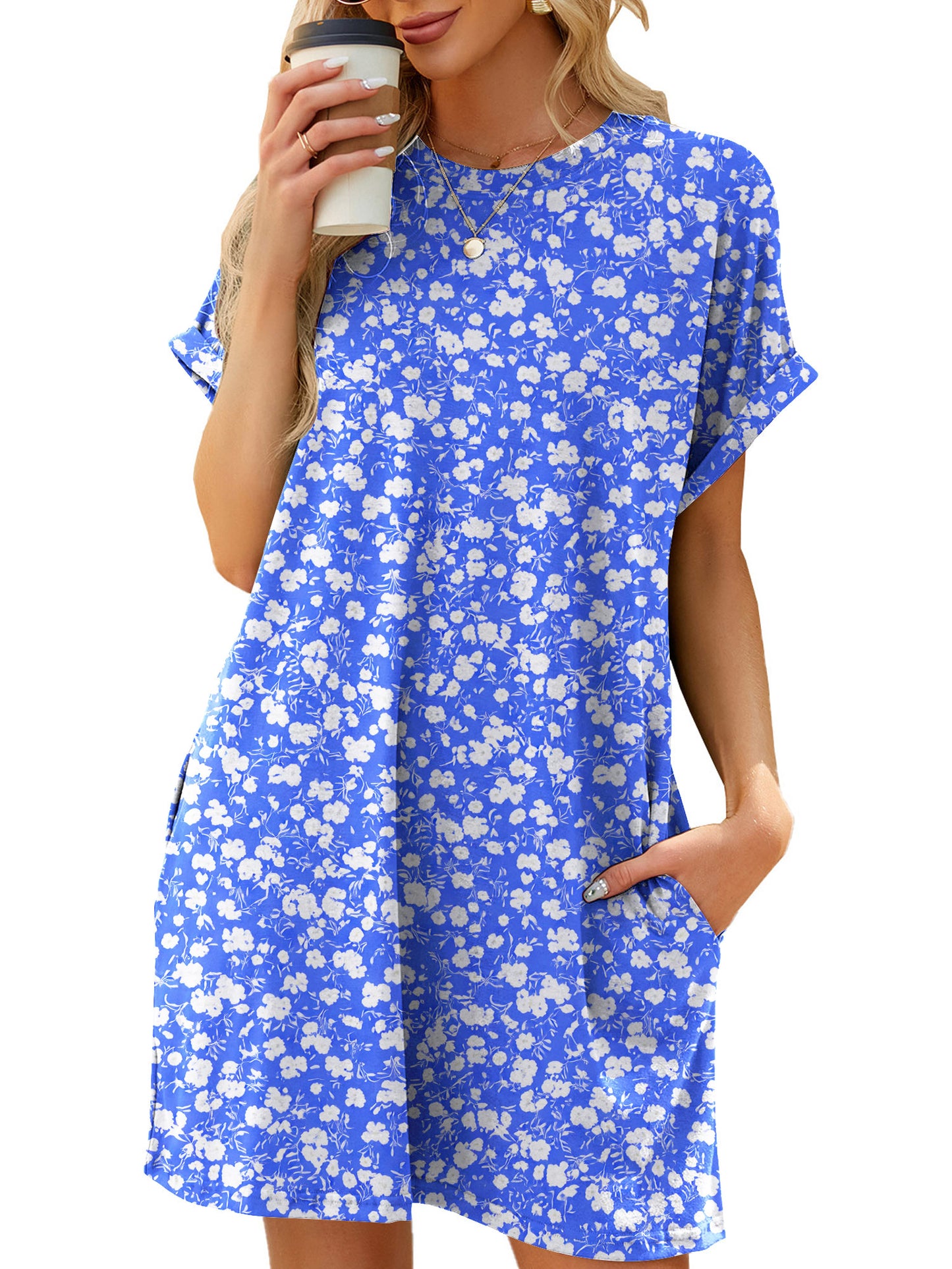 TEMOFON Womens T Shirt Dresses Summer Short Sleeve Loose Tunic with Pocket Casual Swing Dress Fashion Sundress Solid color Black Size XL