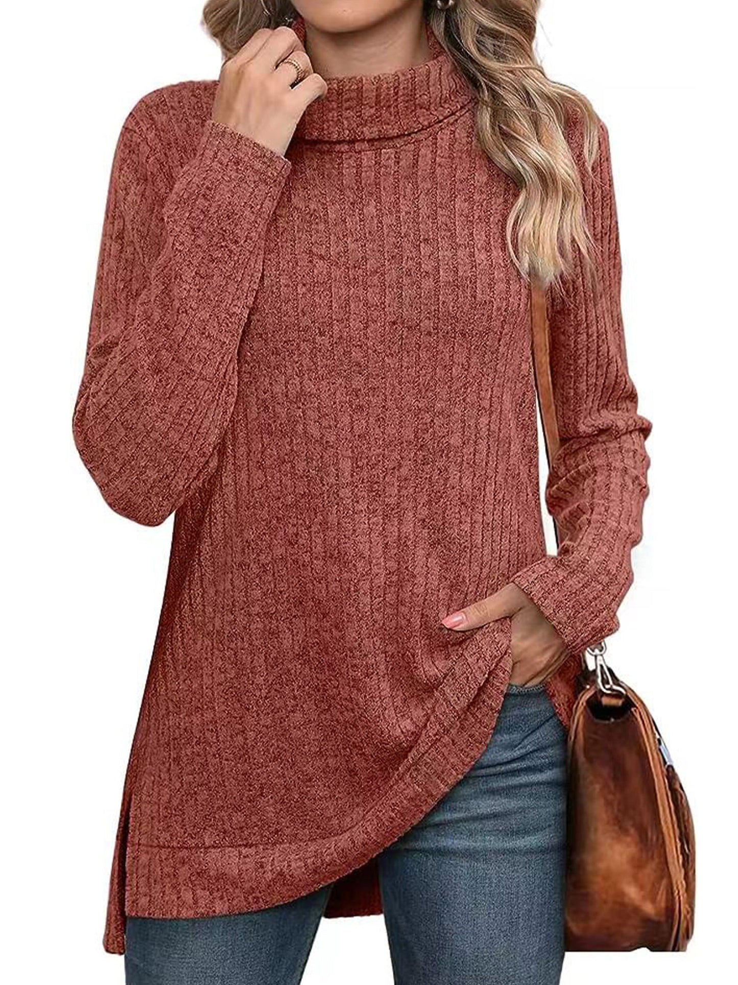 SHIBEVER Womens Sweaters Long Sleeve Fall Casual Tops Turtleneck Lightweight Soft Sweaters Side Split Fashion Pullover Loose Tunic Winter Clothes