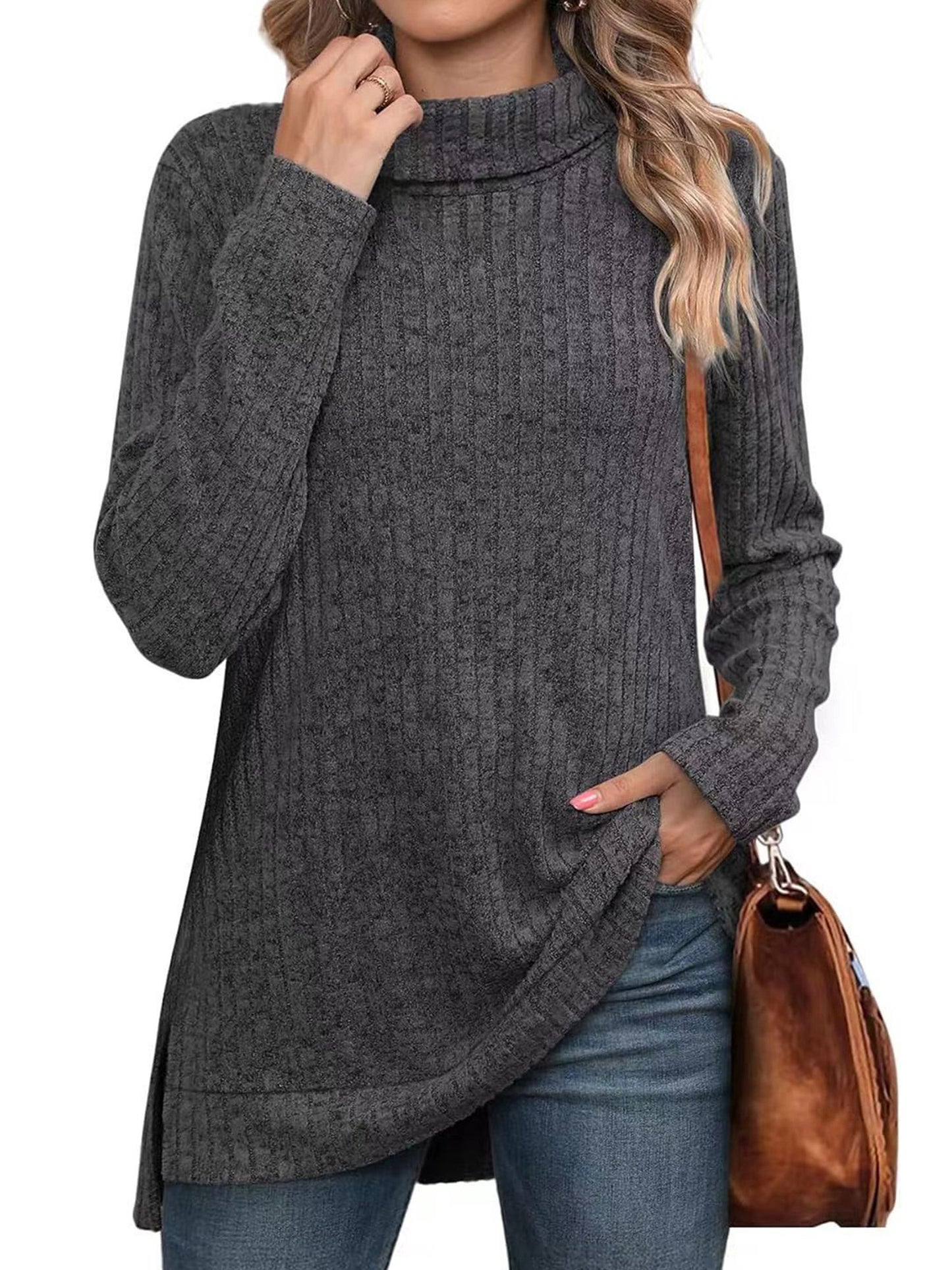SHIBEVER Womens Sweaters Long Sleeve Fall Casual Tops Turtleneck Lightweight Soft Sweaters Side Split Fashion Pullover Loose Tunic Winter Clothes
