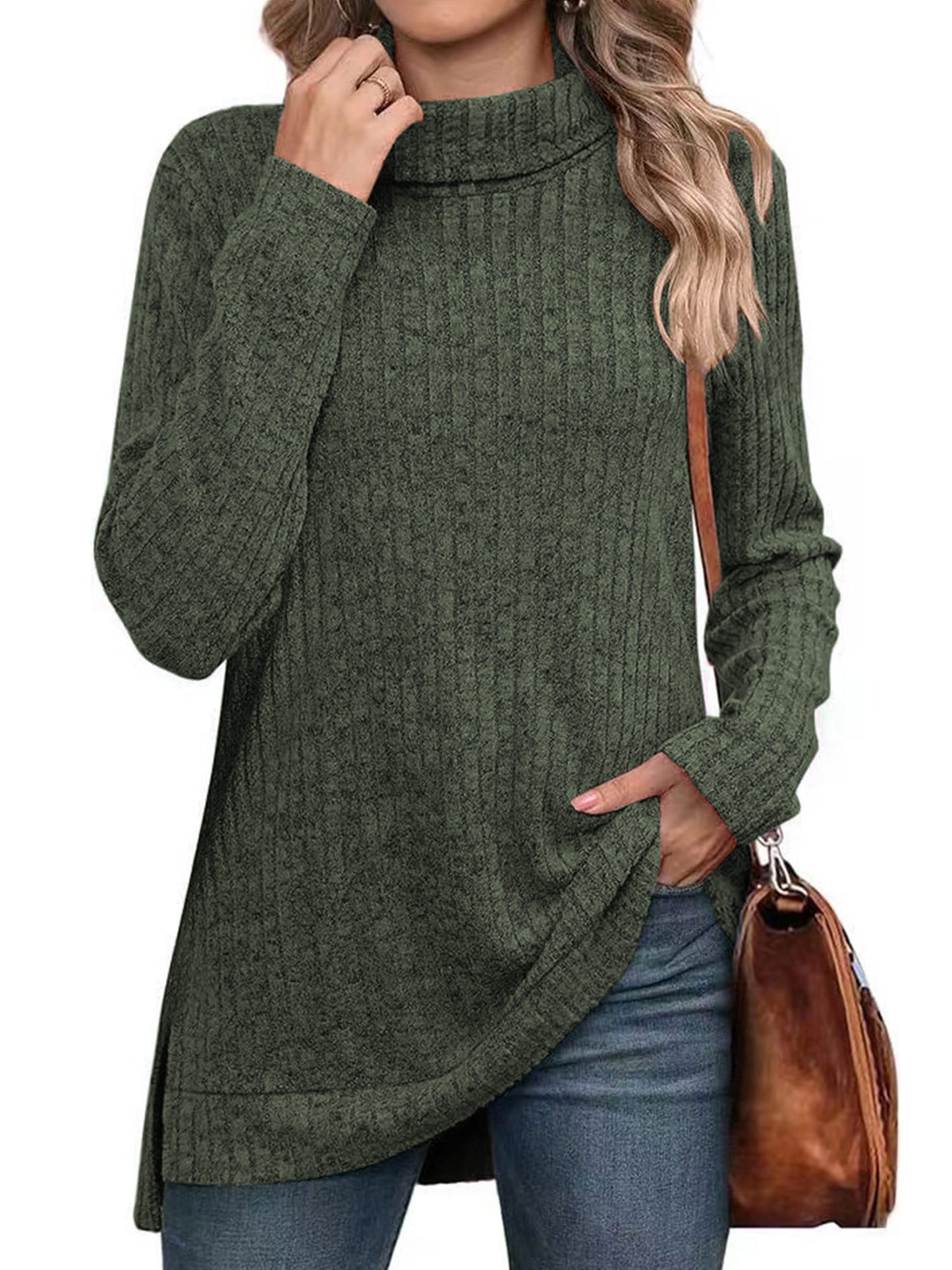 SHIBEVER Womens Sweaters Long Sleeve Fall Casual Tops Turtleneck Lightweight Soft Sweaters Side Split Fashion Pullover Loose Tunic Winter Clothes