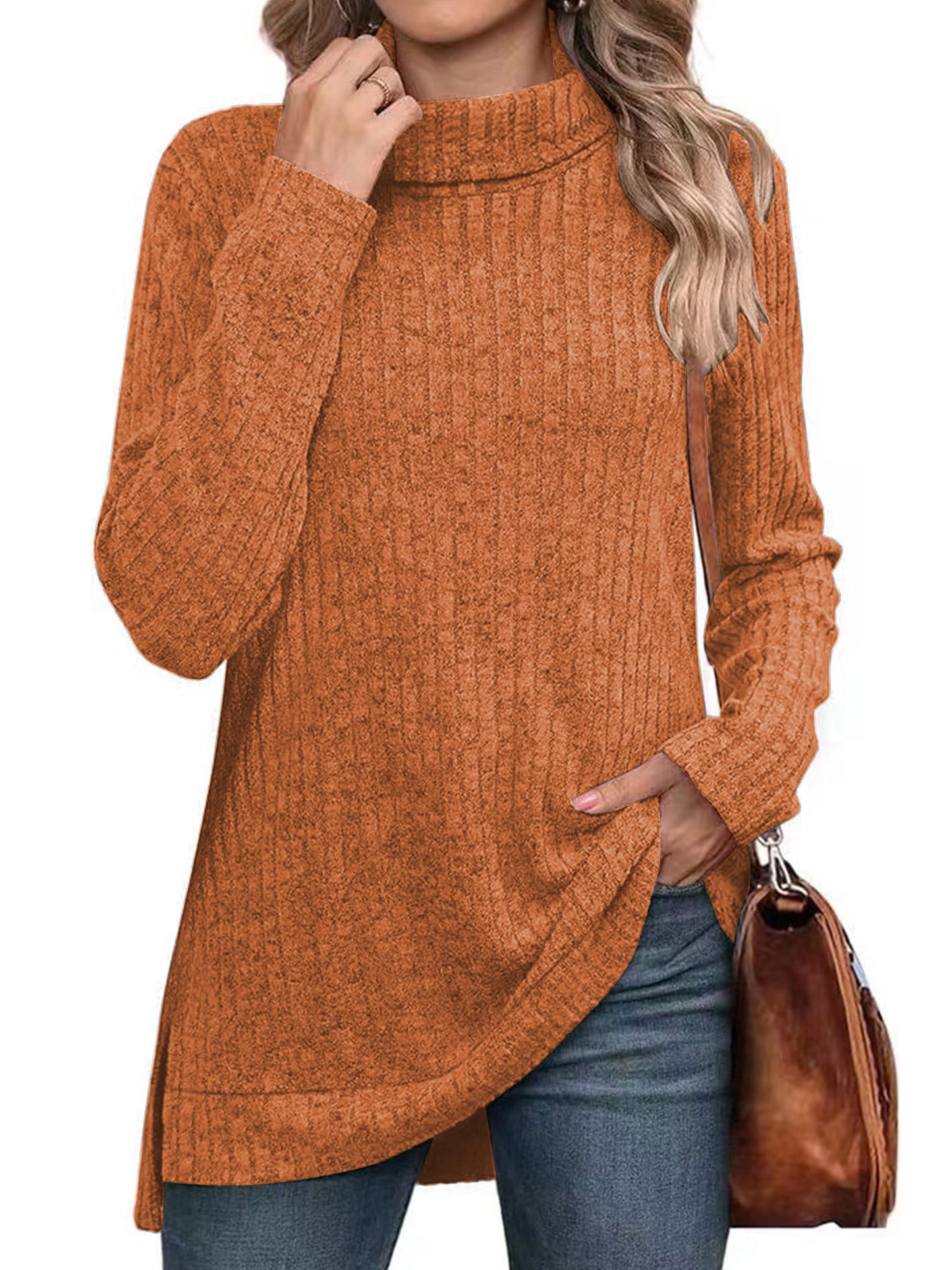 SHIBEVER Womens Sweaters Long Sleeve Fall Casual Tops Turtleneck Lightweight Soft Sweaters Side Split Fashion Pullover Loose Tunic Winter Clothes
