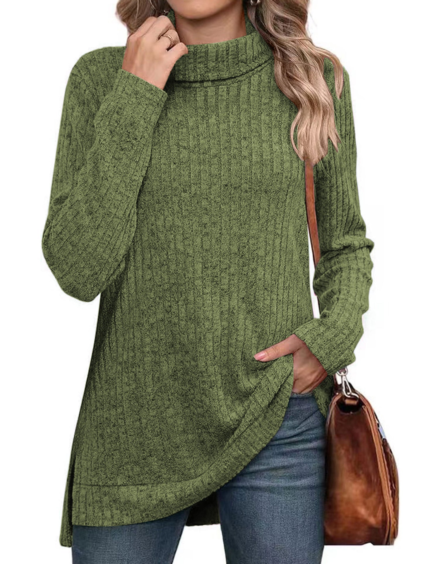 SHIBEVER Womens Sweaters Long Sleeve Fall Casual Tops Turtleneck Lightweight Soft Sweaters Side Split Fashion Pullover Loose Tunic Winter Clothes