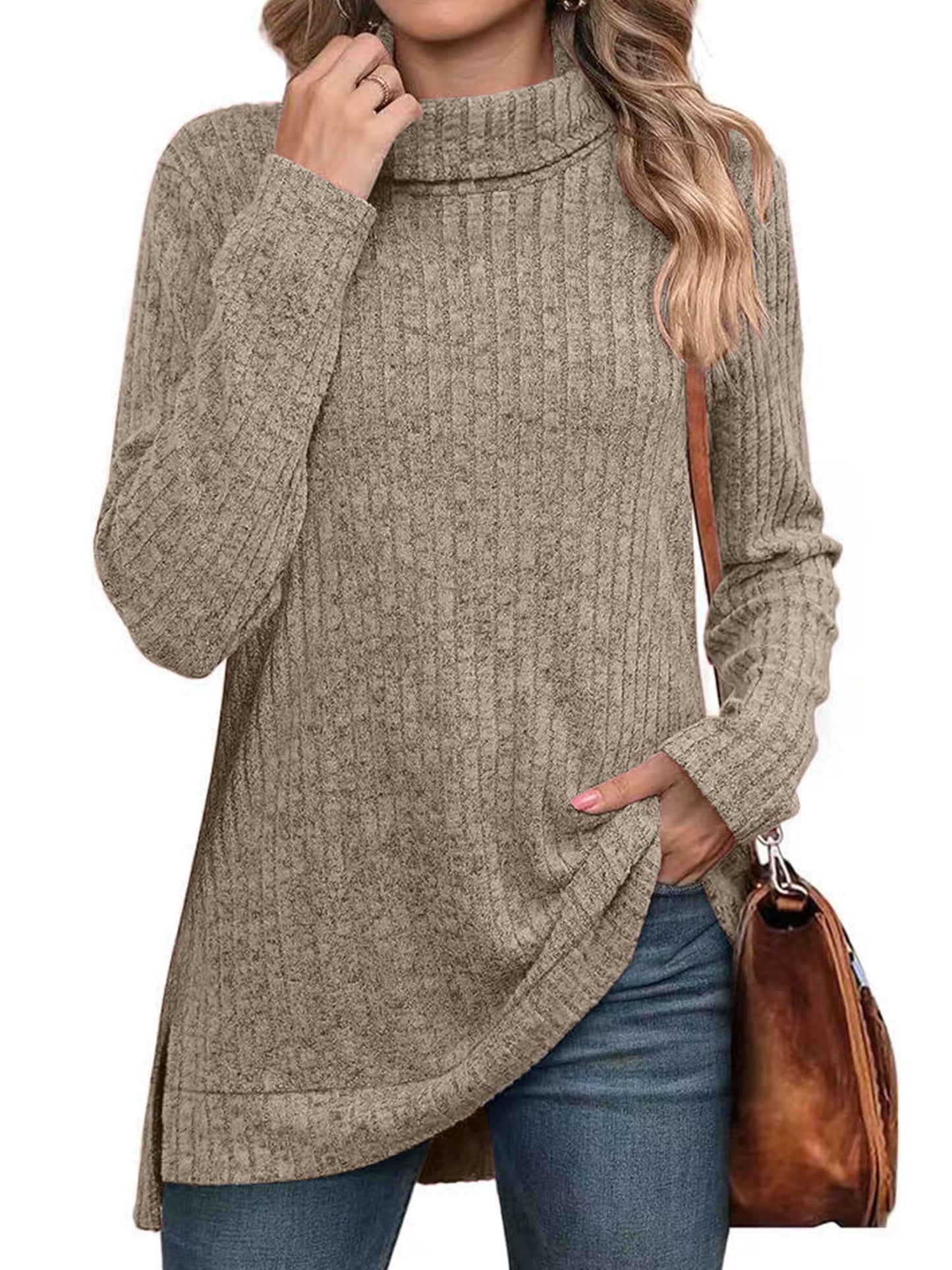 SHIBEVER Womens Sweaters Long Sleeve Fall Casual Tops Turtleneck Lightweight Soft Sweaters Side Split Fashion Pullover Loose Tunic Winter Clothes