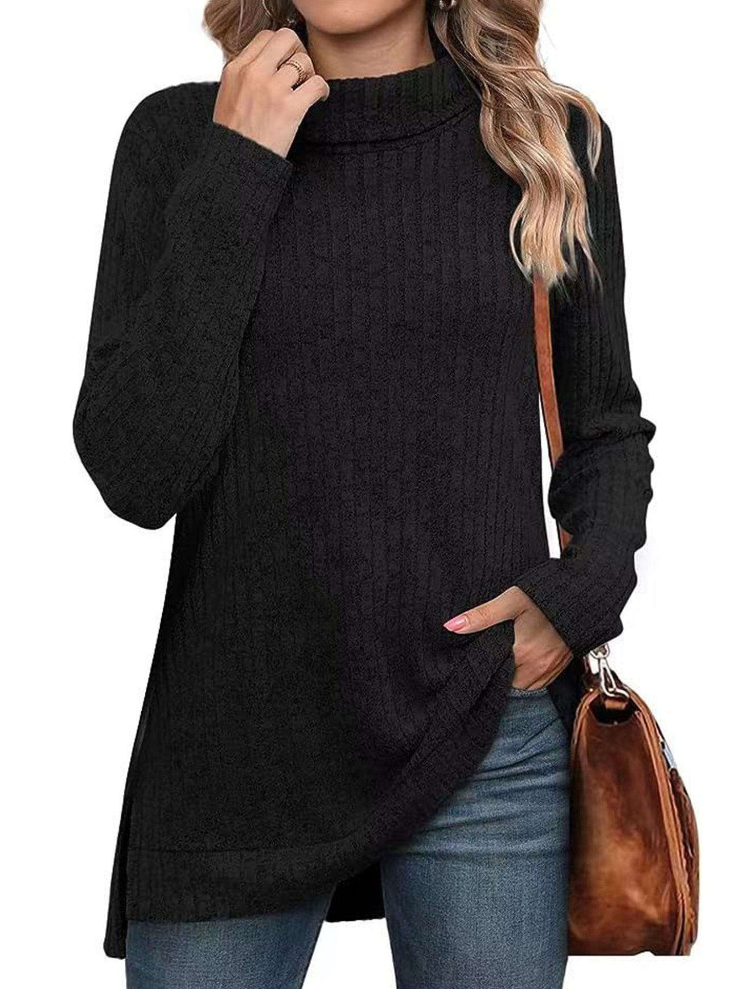 SHIBEVER Womens Sweaters Long Sleeve Fall Casual Tops Turtleneck Lightweight Soft Sweaters Side Split Fashion Pullover Loose Tunic Winter Clothes