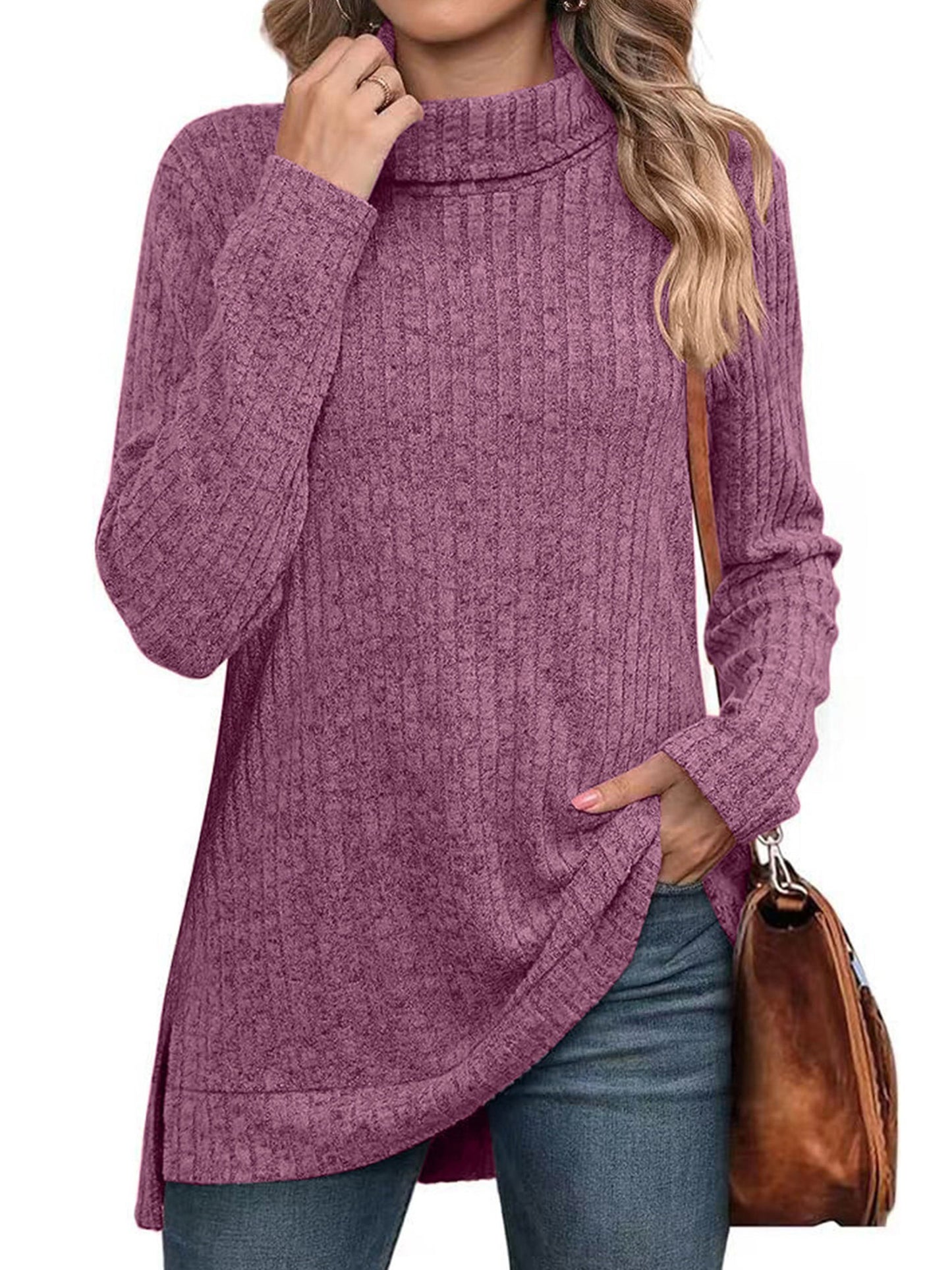 SHIBEVER Womens Sweaters Long Sleeve Fall Casual Tops Turtleneck Lightweight Soft Sweaters Side Split Fashion Pullover Loose Tunic Winter Clothes