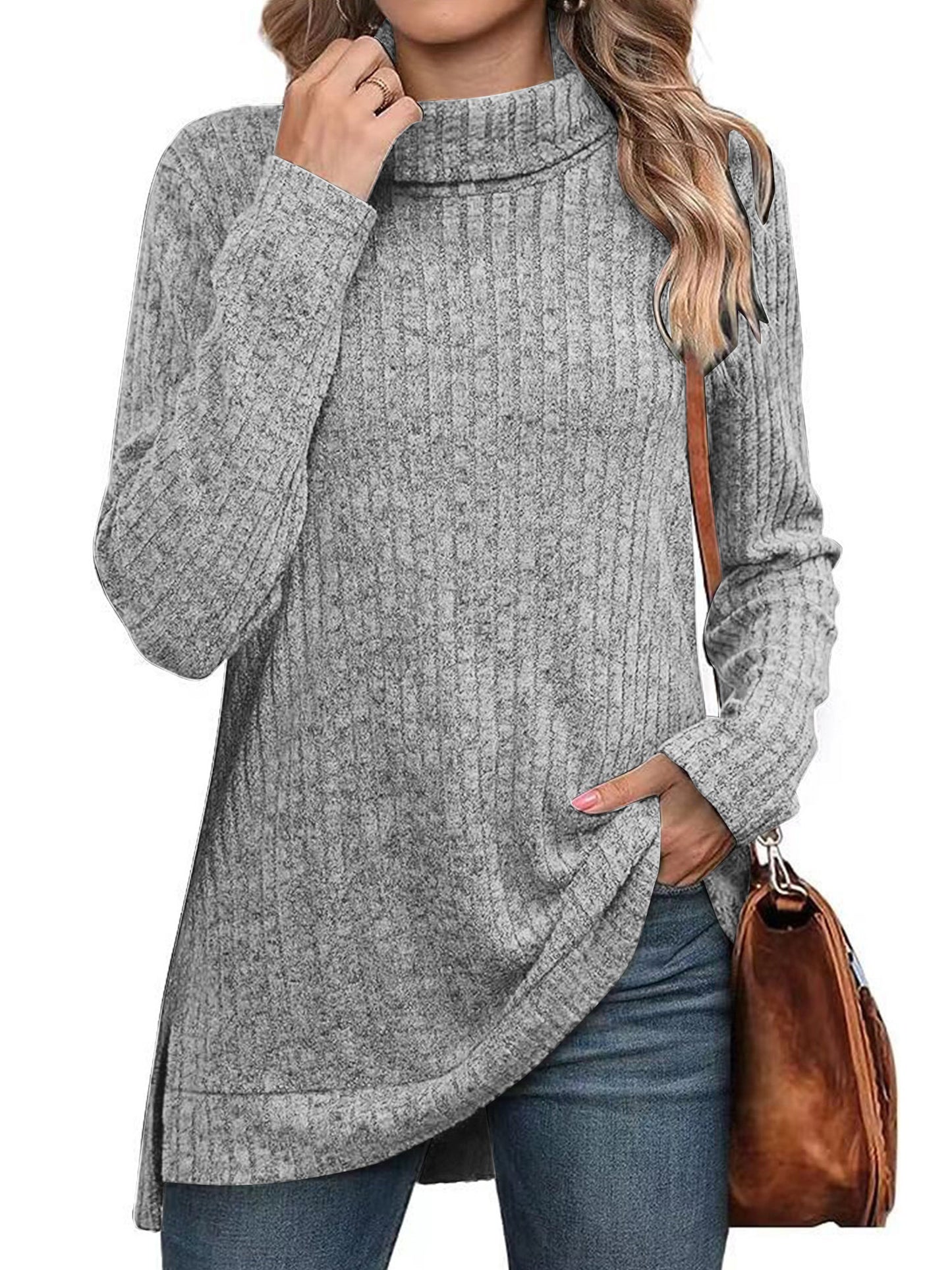 SHIBEVER Womens Sweaters Long Sleeve Fall Casual Tops Turtleneck Lightweight Soft Sweaters Side Split Fashion Pullover Loose Tunic Winter Clothes