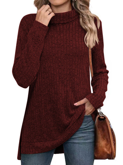 SHIBEVER Womens Sweaters Long Sleeve Fall Casual Tops Turtleneck Lightweight Soft Sweaters Side Split Fashion Pullover Loose Tunic Winter Clothes