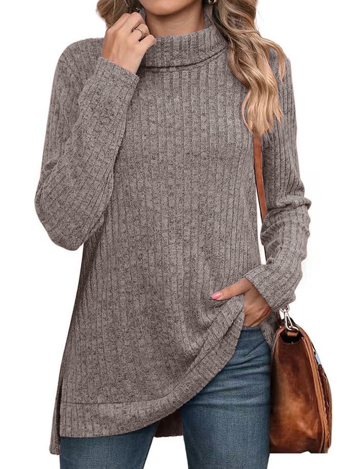 SHIBEVER Womens Sweaters Long Sleeve Fall Casual Tops Turtleneck Lightweight Soft Sweaters Side Split Fashion Pullover Loose Tunic Winter Clothes
