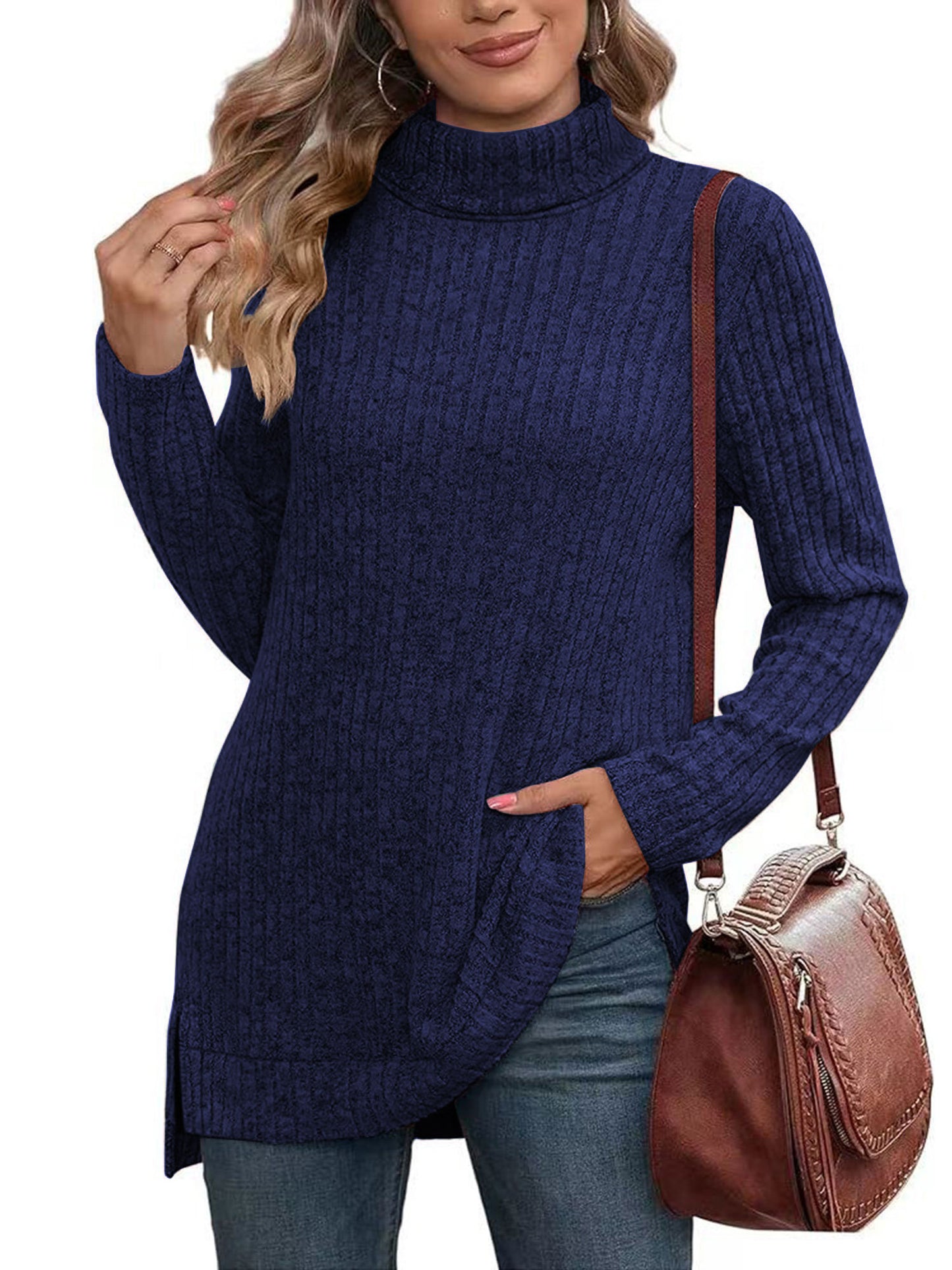SHIBEVER Womens Sweaters Long Sleeve Fall Casual Tops Turtleneck Lightweight Soft Sweaters Side Split Fashion Pullover Loose Tunic Winter Clothes