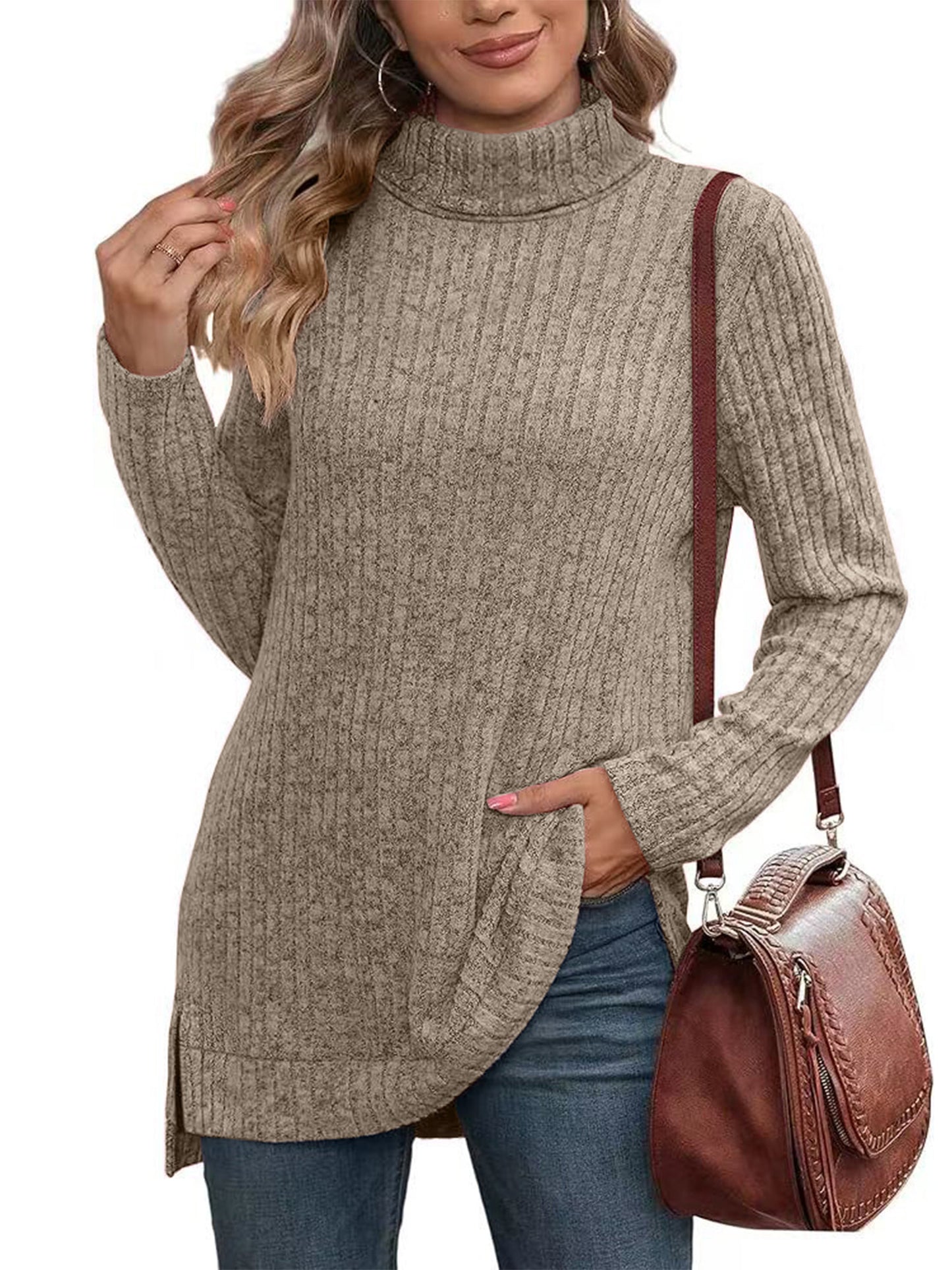 SHIBEVER Womens Sweaters Long Sleeve Fall Casual Tops Turtleneck Lightweight Soft Sweaters Side Split Fashion Pullover Loose Tunic Winter Clothes