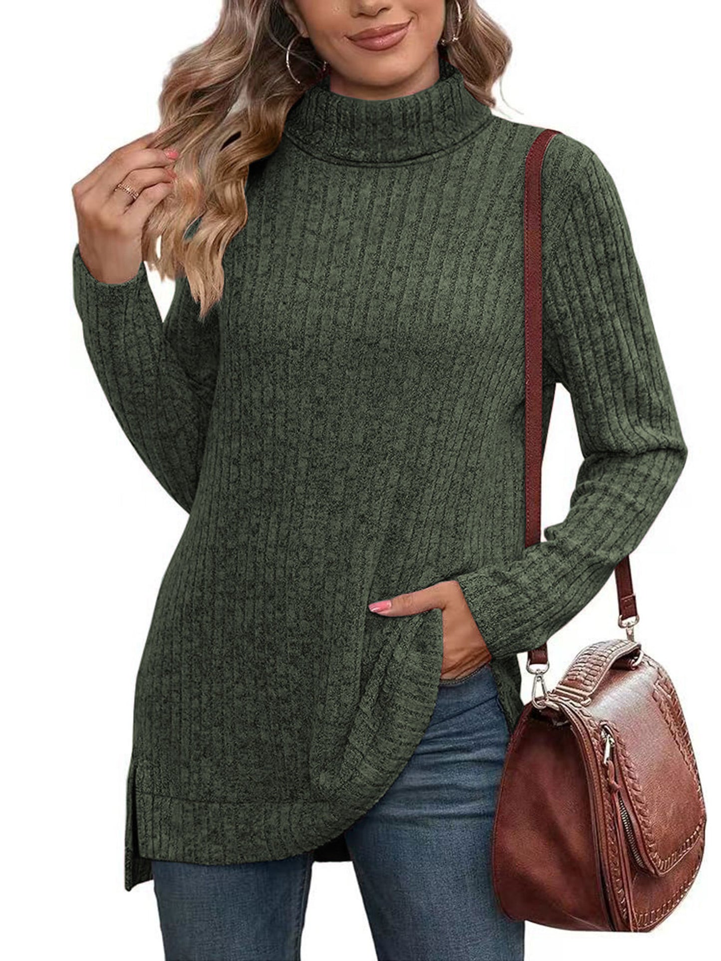 SHIBEVER Womens Sweaters Long Sleeve Fall Casual Tops Turtleneck Lightweight Soft Sweaters Side Split Fashion Pullover Loose Tunic Winter Clothes