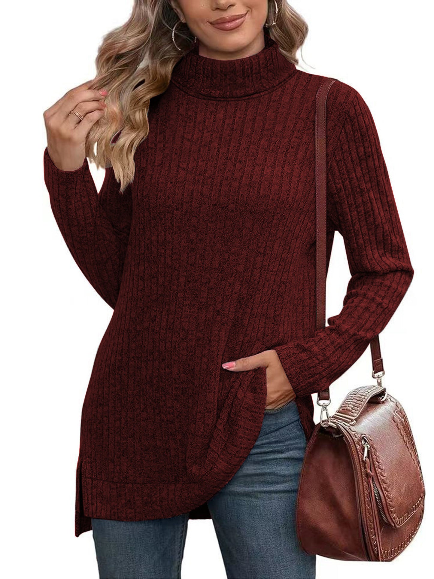 SHIBEVER Womens Sweaters Long Sleeve Fall Casual Tops Turtleneck Lightweight Soft Sweaters Side Split Fashion Pullover Loose Tunic Winter Clothes