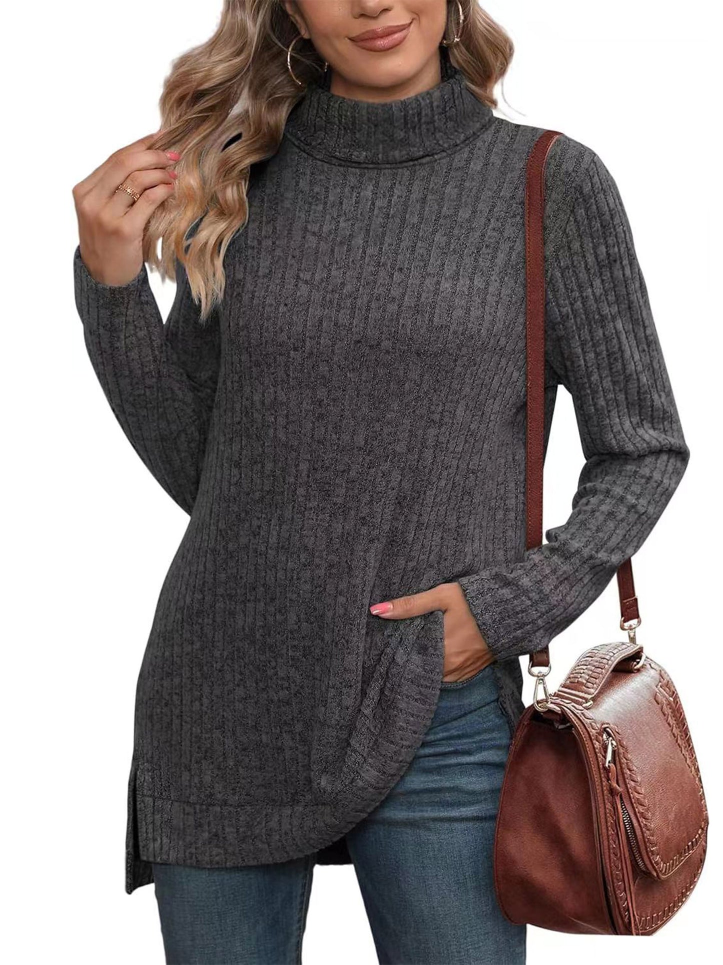 SHIBEVER Womens Sweaters Long Sleeve Fall Casual Tops Turtleneck Lightweight Soft Sweaters Side Split Fashion Pullover Loose Tunic Winter Clothes