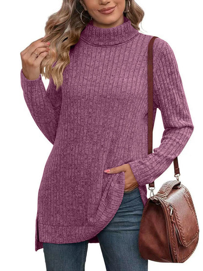 SHIBEVER Womens Sweaters Long Sleeve Fall Casual Tops Turtleneck Lightweight Soft Sweaters Side Split Fashion Pullover Loose Tunic Winter Clothes