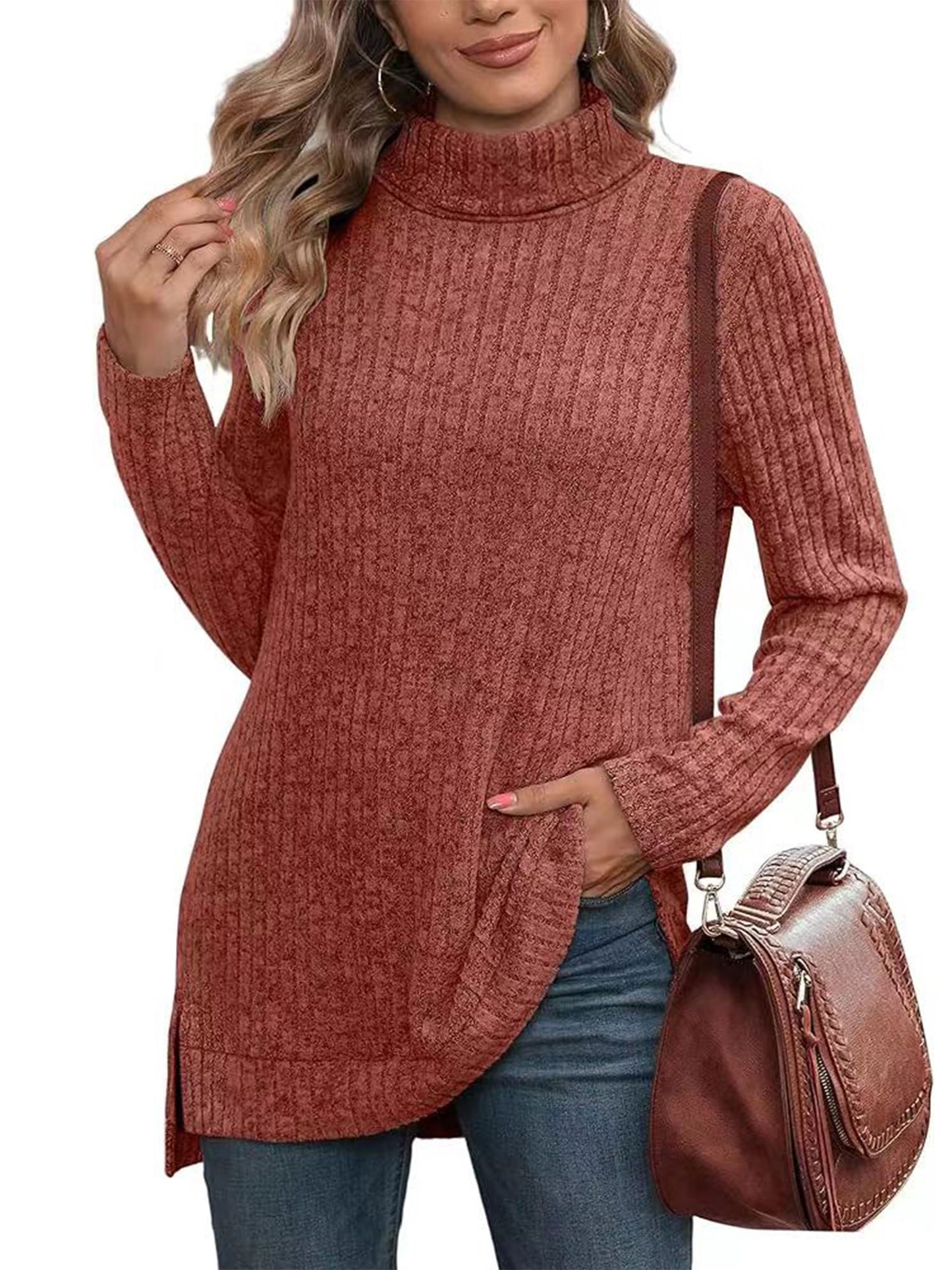 SHIBEVER Womens Sweaters Long Sleeve Fall Casual Tops Turtleneck Lightweight Soft Sweaters Side Split Fashion Pullover Loose Tunic Winter Clothes