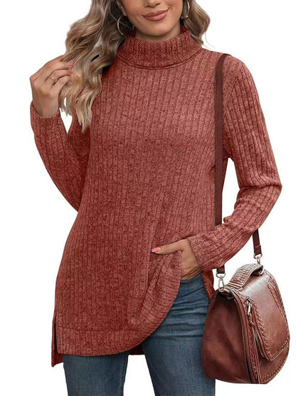 SHIBEVER Womens Sweaters Long Sleeve Fall Casual Tops Turtleneck Lightweight Soft Sweaters Side Split Fashion Pullover Loose Tunic Winter Clothes