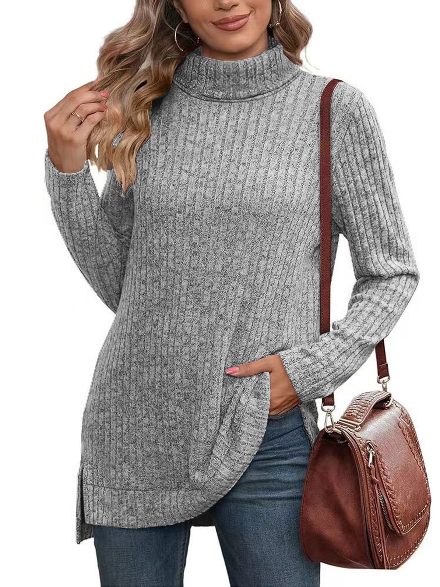 SHIBEVER Womens Sweaters Long Sleeve Fall Casual Tops Turtleneck Lightweight Soft Sweaters Side Split Fashion Pullover Loose Tunic Winter Clothes