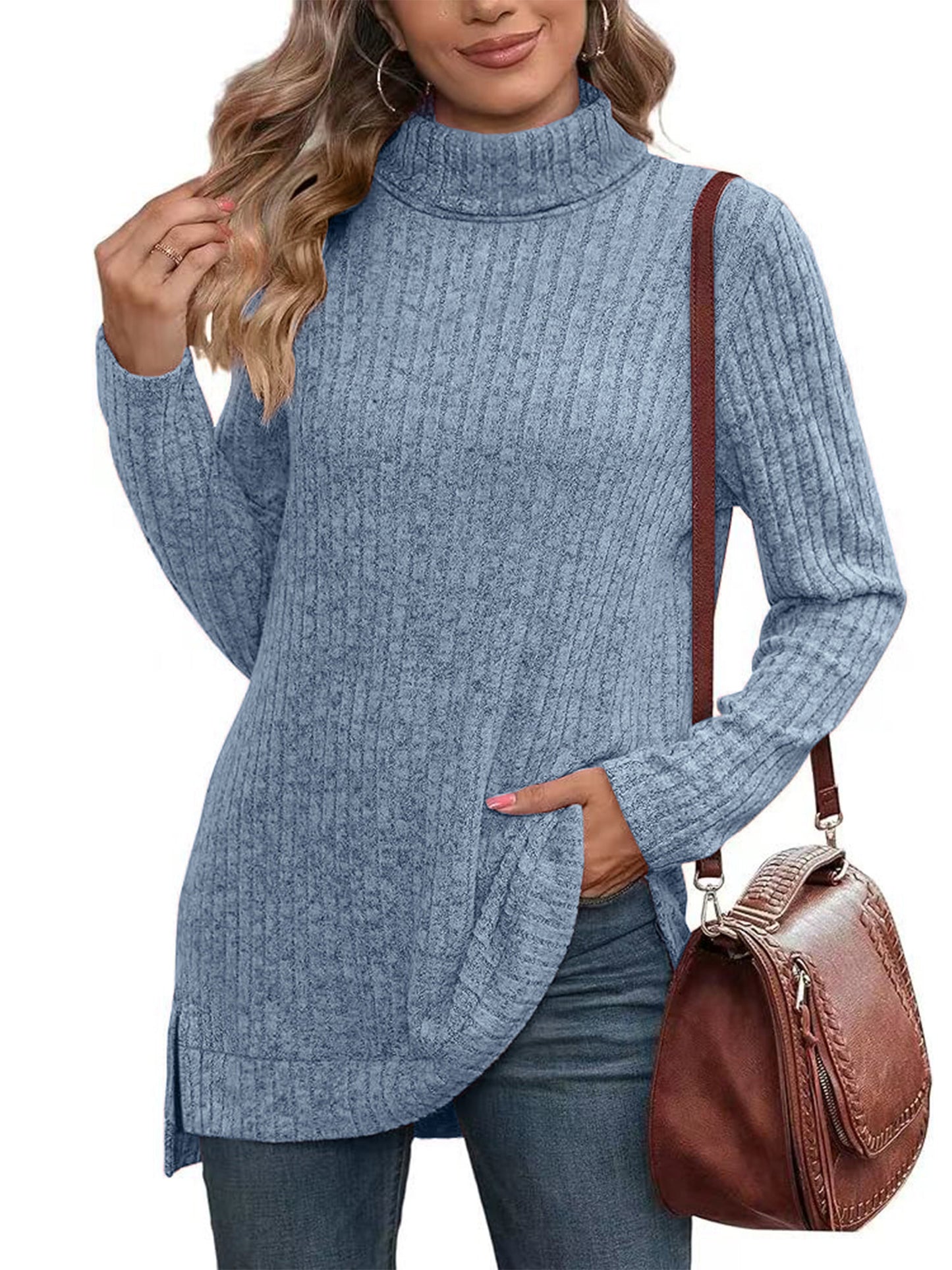 SHIBEVER Womens Sweaters Long Sleeve Fall Casual Tops Turtleneck Lightweight Soft Sweaters Side Split Fashion Pullover Loose Tunic Winter Clothes