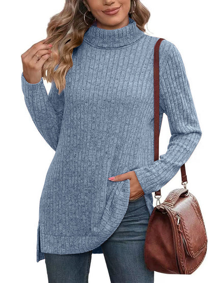 SHIBEVER Womens Sweaters Long Sleeve Fall Casual Tops Turtleneck Lightweight Soft Sweaters Side Split Fashion Pullover Loose Tunic Winter Clothes