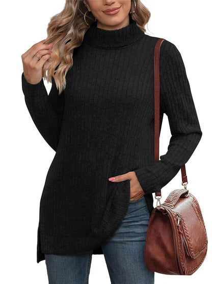 SHIBEVER Womens Sweaters Long Sleeve Fall Casual Tops Turtleneck Lightweight Soft Sweaters Side Split Fashion Pullover Loose Tunic Winter Clothes