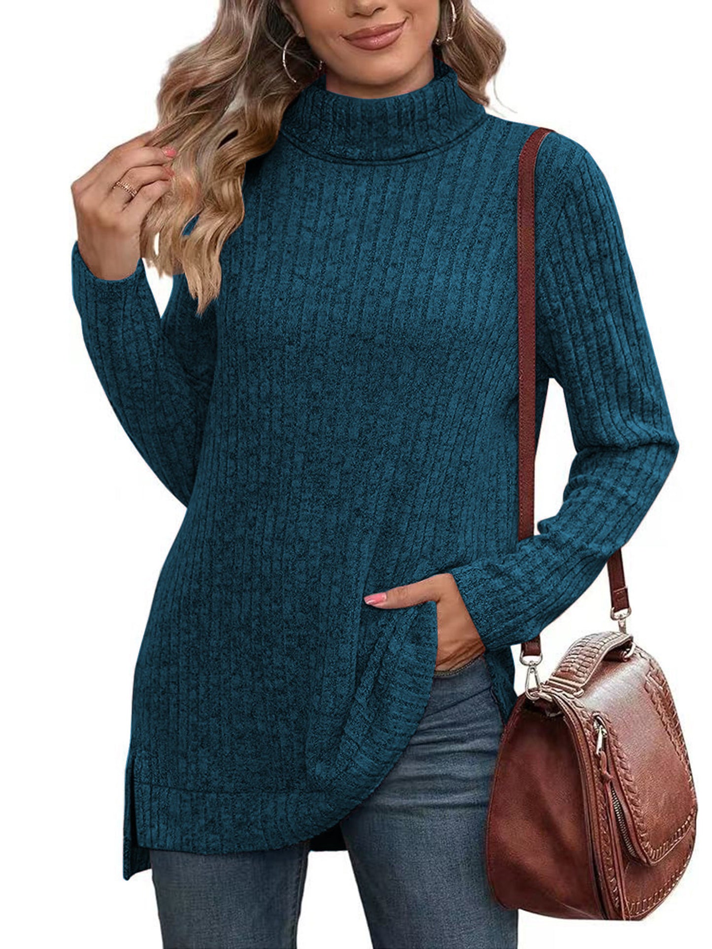 SHIBEVER Womens Sweaters Long Sleeve Fall Casual Tops Turtleneck Lightweight Soft Sweaters Side Split Fashion Pullover Loose Tunic Winter Clothes