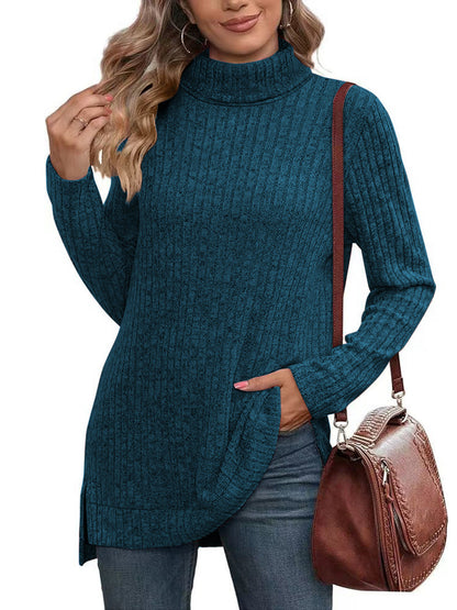 SHIBEVER Womens Sweaters Long Sleeve Fall Casual Tops Turtleneck Lightweight Soft Sweaters Side Split Fashion Pullover Loose Tunic Winter Clothes