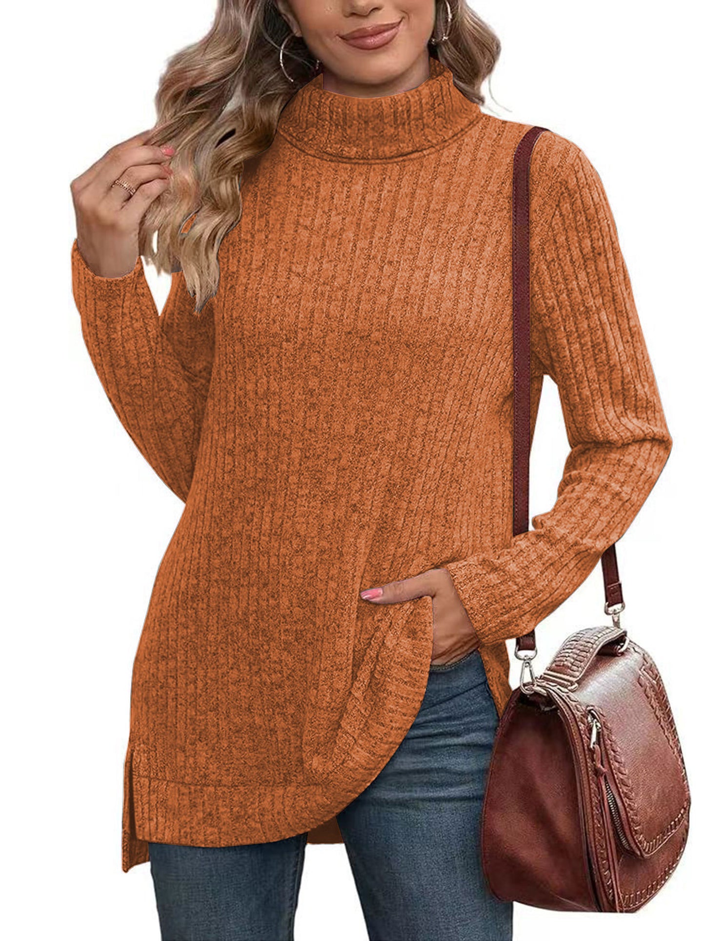 SHIBEVER Womens Sweaters Long Sleeve Fall Casual Tops Turtleneck Lightweight Soft Sweaters Side Split Fashion Pullover Loose Tunic Winter Clothes