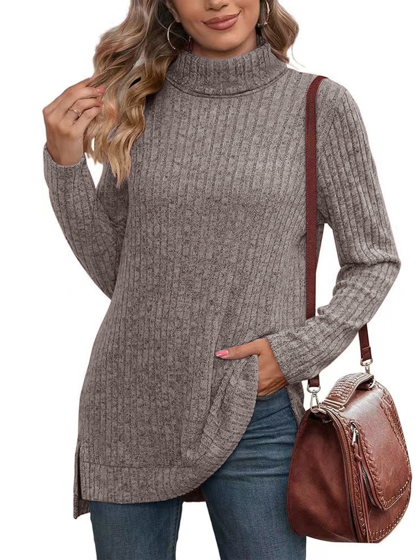 SHIBEVER Womens Sweaters Long Sleeve Fall Casual Tops Turtleneck Lightweight Soft Sweaters Side Split Fashion Pullover Loose Tunic Winter Clothes