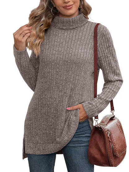 SHIBEVER Womens Sweaters Long Sleeve Fall Casual Tops Turtleneck Lightweight Soft Sweaters Side Split Fashion Pullover Loose Tunic Winter Clothes