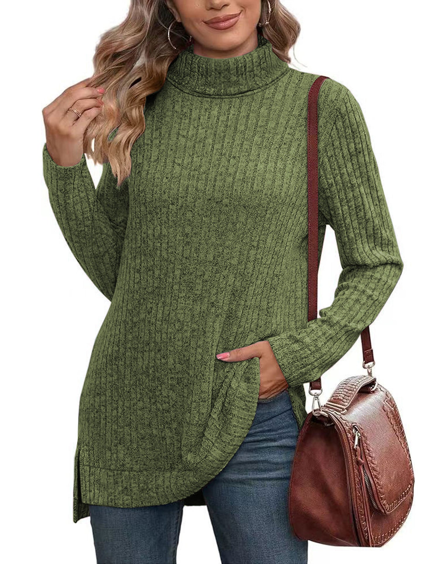 SHIBEVER Womens Sweaters Long Sleeve Fall Casual Tops Turtleneck Lightweight Soft Sweaters Side Split Fashion Pullover Loose Tunic Winter Clothes
