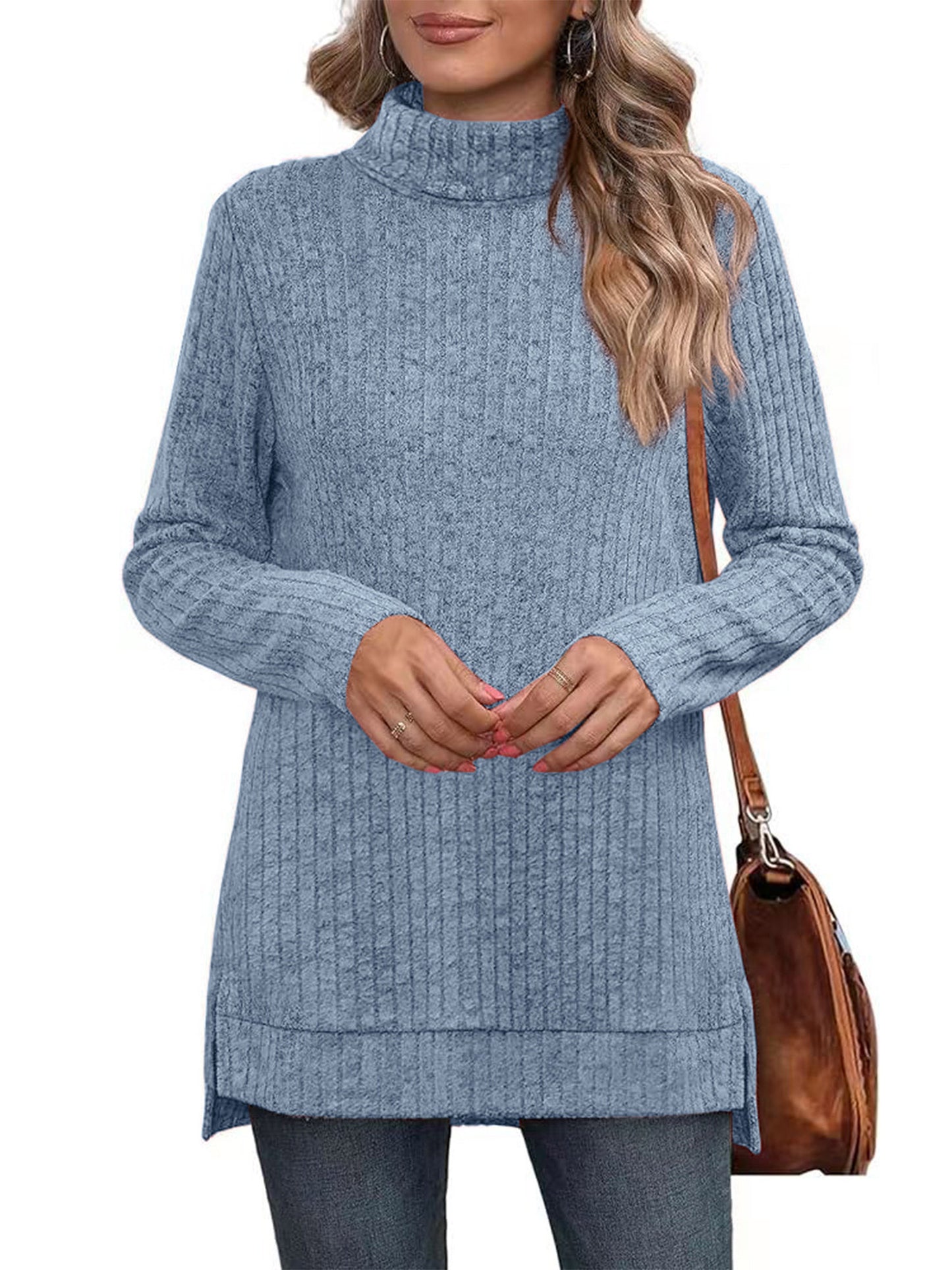 SHIBEVER Womens Sweaters Long Sleeve Fall Casual Tops Turtleneck Lightweight Soft Sweaters Side Split Fashion Pullover Loose Tunic Winter Clothes