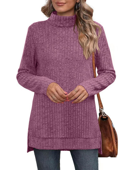 SHIBEVER Womens Sweaters Long Sleeve Fall Casual Tops Turtleneck Lightweight Soft Sweaters Side Split Fashion Pullover Loose Tunic Winter Clothes