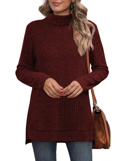 SHIBEVER Womens Sweaters Long Sleeve Fall Casual Tops Turtleneck Lightweight Soft Sweaters Side Split Fashion Pullover Loose Tunic Winter Clothes