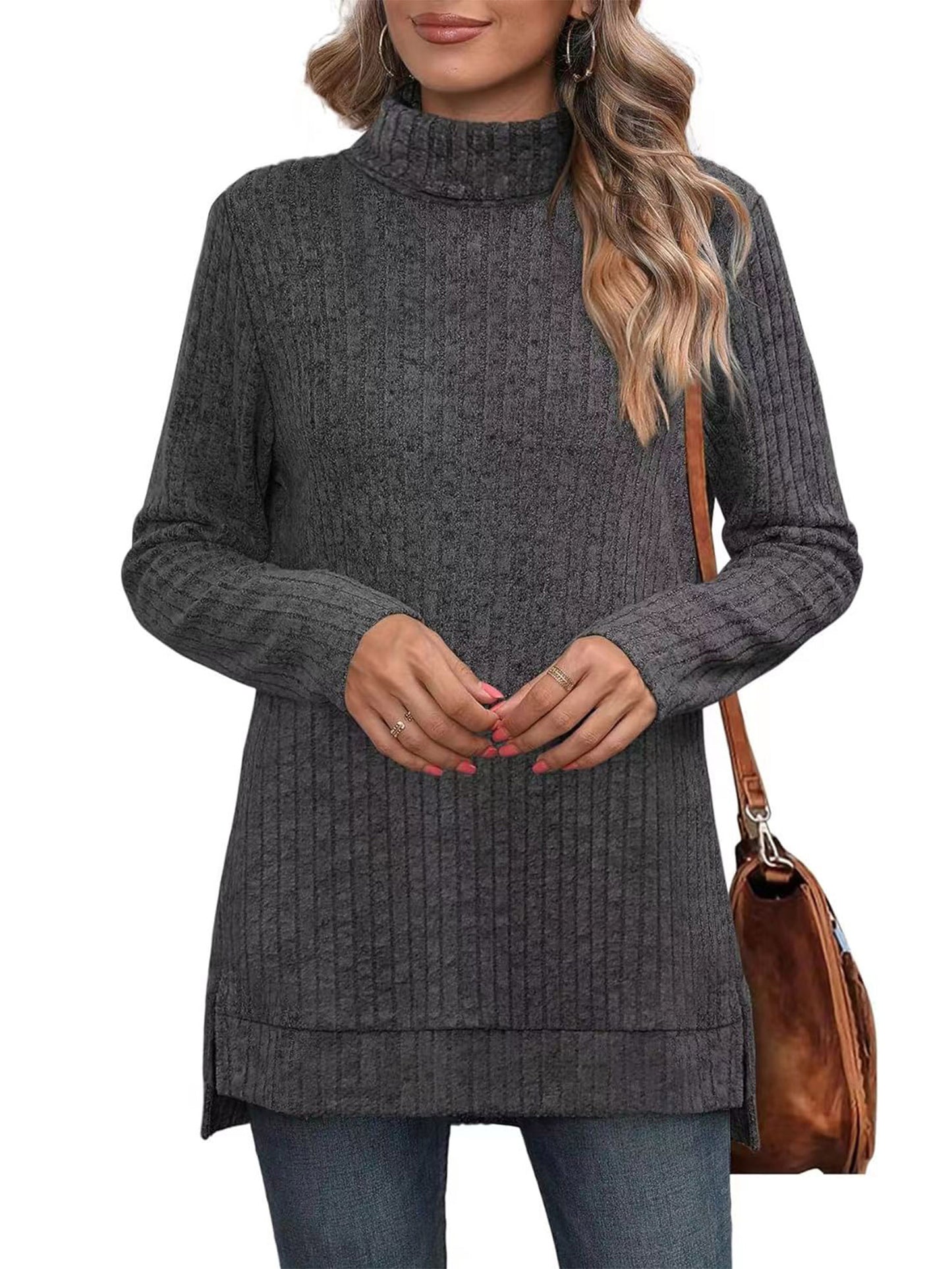 SHIBEVER Womens Sweaters Long Sleeve Fall Casual Tops Turtleneck Lightweight Soft Sweaters Side Split Fashion Pullover Loose Tunic Winter Clothes