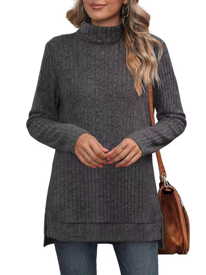 SHIBEVER Womens Sweaters Long Sleeve Fall Casual Tops Turtleneck Lightweight Soft Sweaters Side Split Fashion Pullover Loose Tunic Winter Clothes