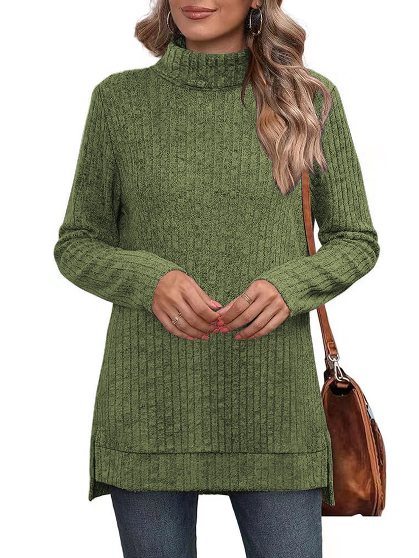 SHIBEVER Womens Sweaters Long Sleeve Fall Casual Tops Turtleneck Lightweight Soft Sweaters Side Split Fashion Pullover Loose Tunic Winter Clothes
