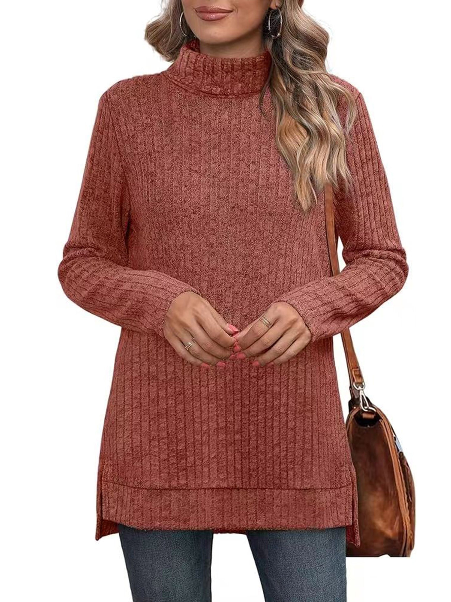 SHIBEVER Womens Sweaters Long Sleeve Fall Casual Tops Turtleneck Lightweight Soft Sweaters Side Split Fashion Pullover Loose Tunic Winter Clothes