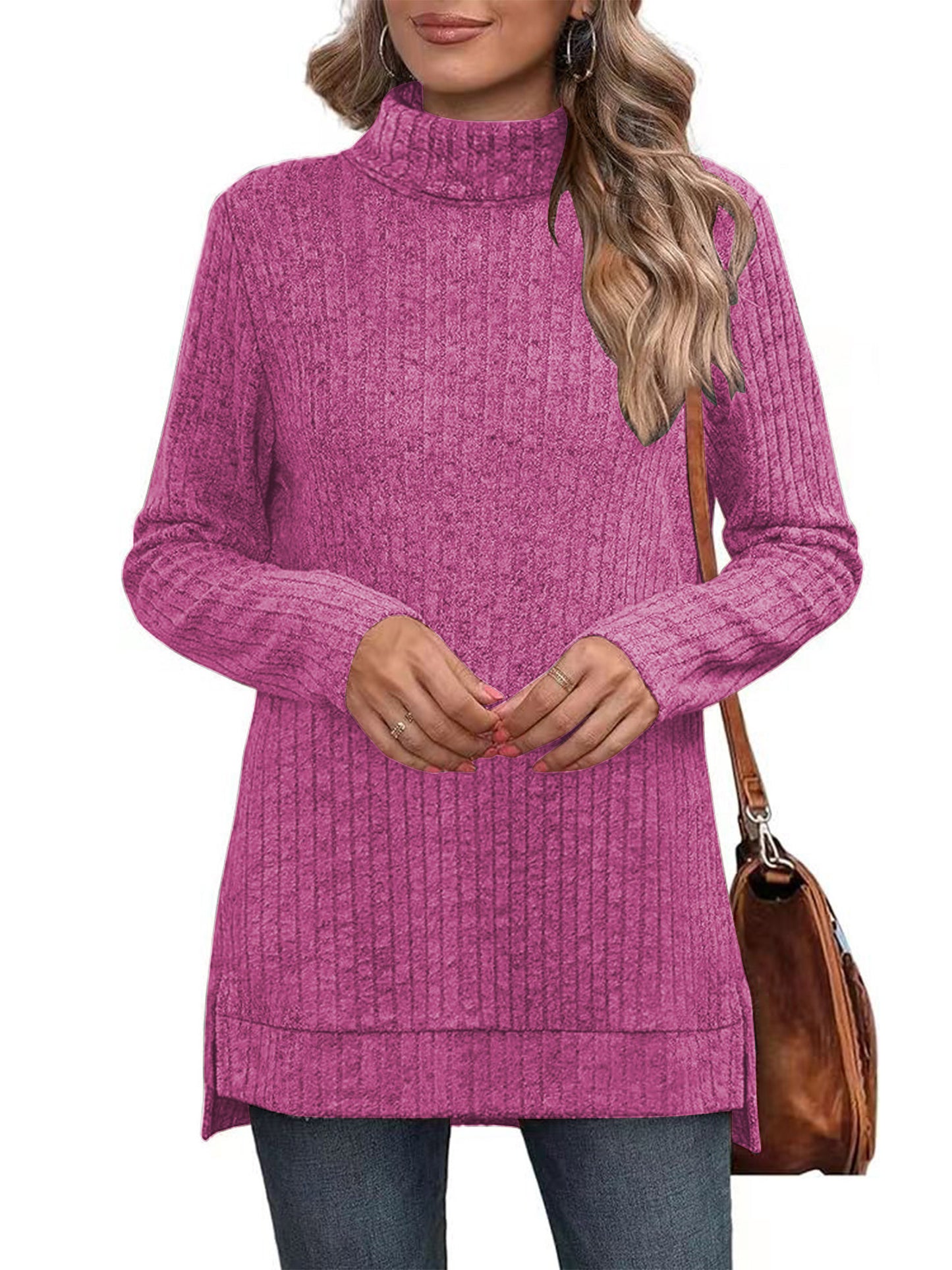 SHIBEVER Womens Sweaters Long Sleeve Fall Casual Tops Turtleneck Lightweight Soft Sweaters Side Split Fashion Pullover Loose Tunic Winter Clothes